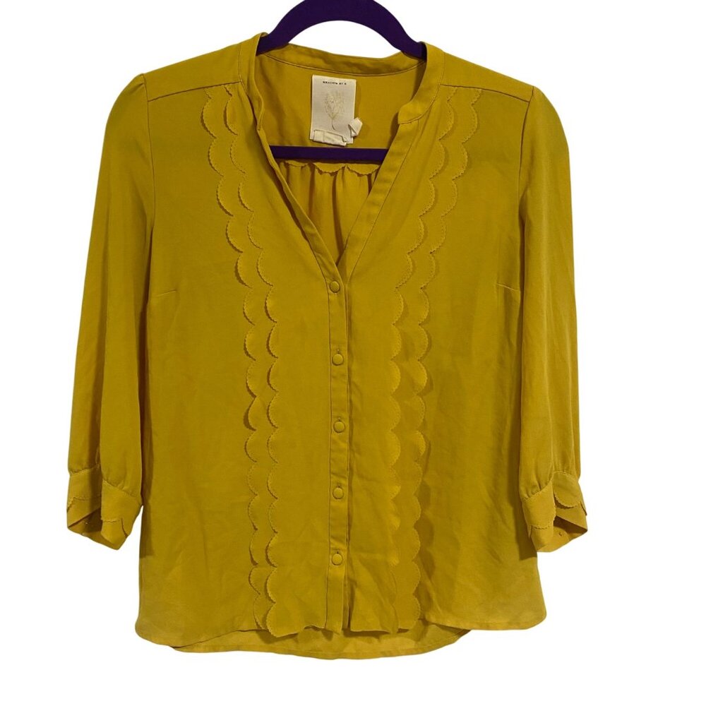 Anthro Meadow Rue Mustard Yellow Scalloped Detail Blouse‎ Size 2